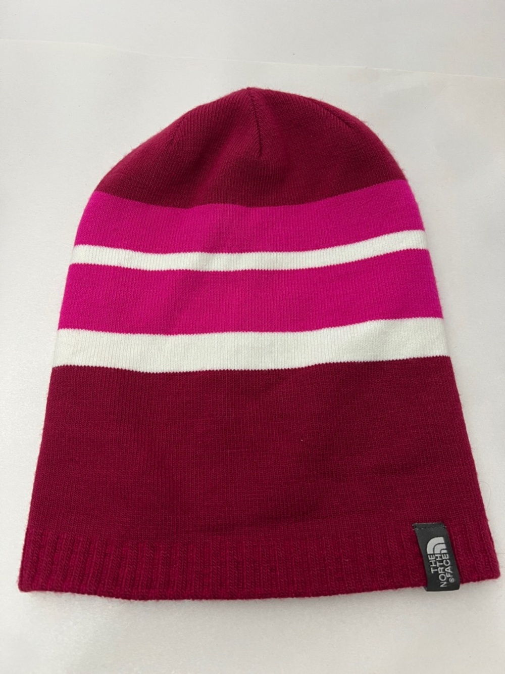 The North Face Kids Striped Knit Beanie - Fuchsia, Burgundy & White OS
